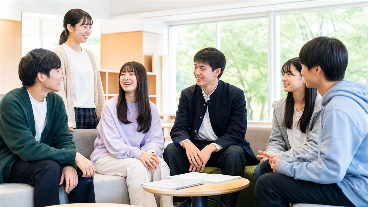 私服や一般的な学生風の服でくつろぐ日本人の高校生たち