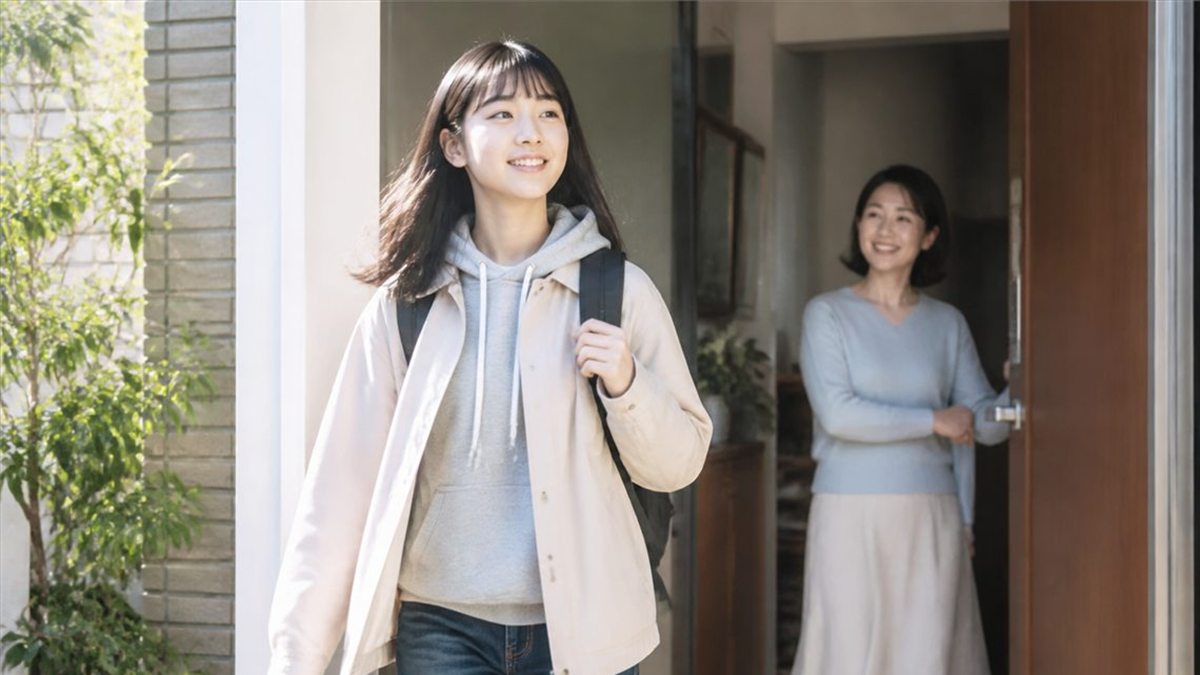 自分で選んだ私服で明るく外出する日本人の高校生と母親