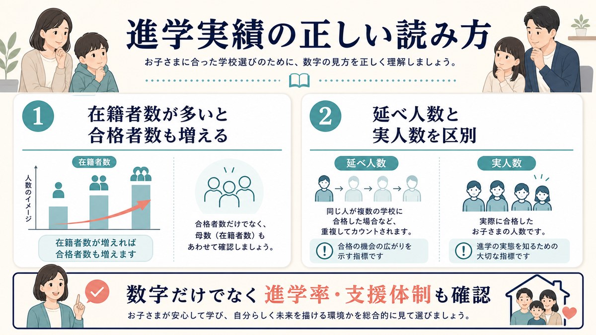 大きな生徒母数と受験に取り組む専門環境を分けて見る図