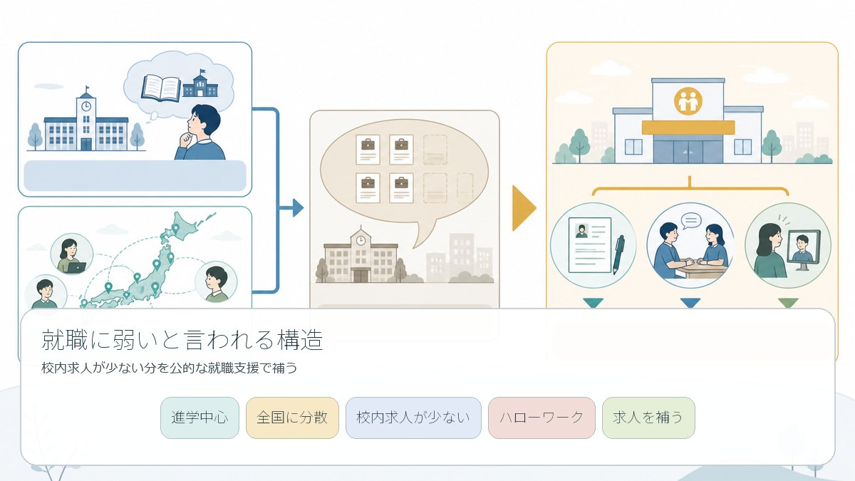 進学中心と全国分散から校内求人が集まりにくい構造を示す図
