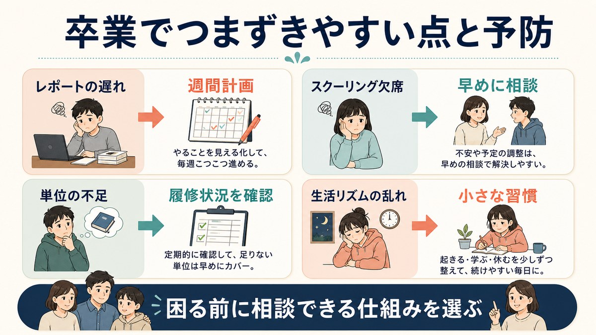 レポート・必須日程・生活リズム・目標を仕組みで支える図