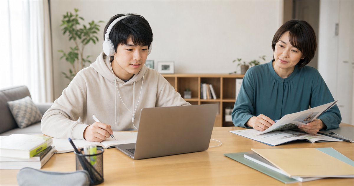 オンライン中心の通信制高校について自宅で資料を確認する高校生と保護者