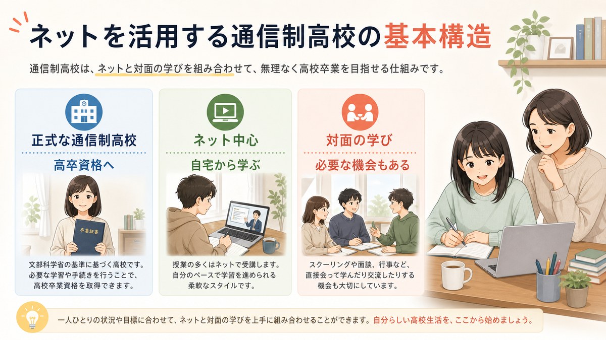オンライン学習・スクーリング・高卒資格・支援・課外活動から通信制高校の基本構造を示す図