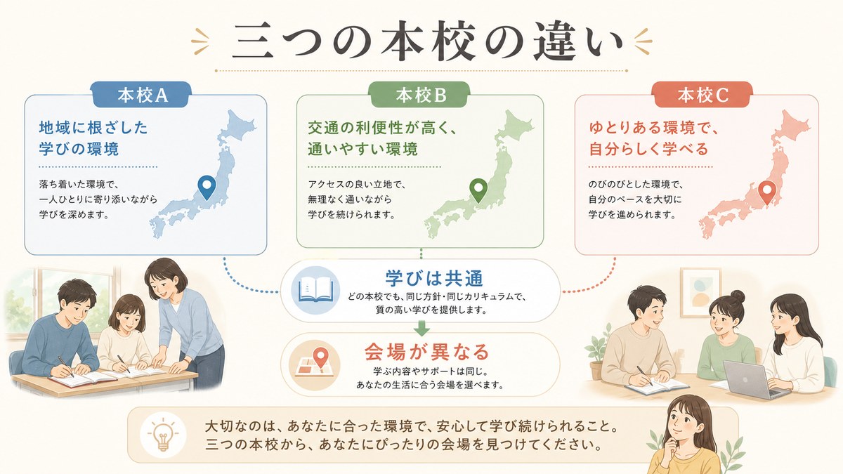 学びとコースは同じで本校スクーリング会場だけが異なる3校の比較図