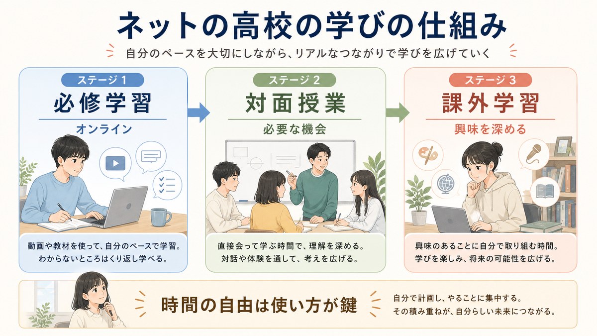 必修のオンライン学習とプログラミング・語学・創作などの課外学習を示す図