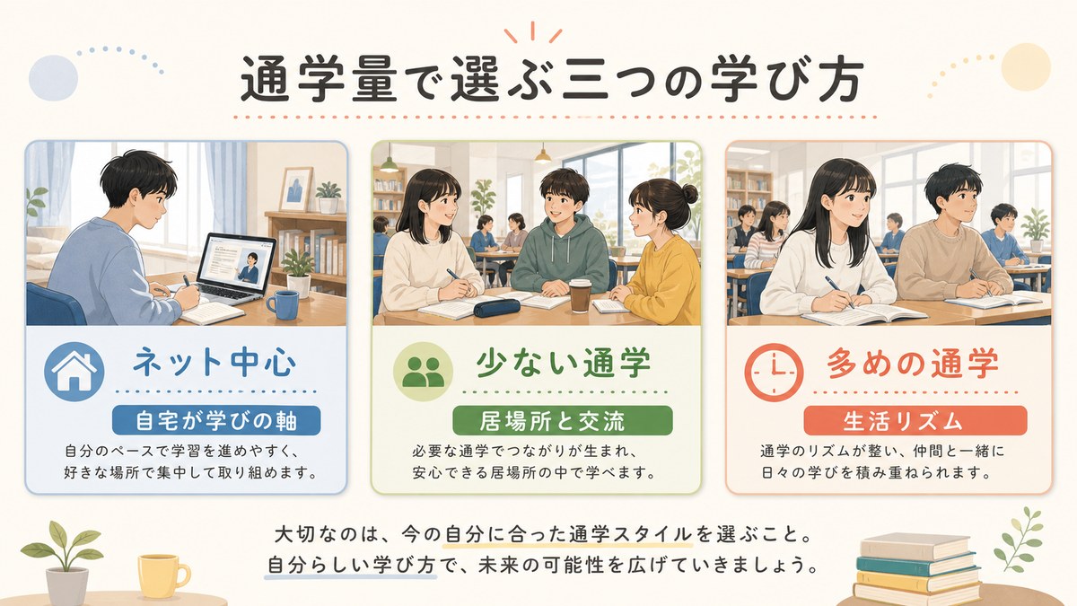 自宅中心・週1程度・週数日通学の3つの学習スタイルを比較する図