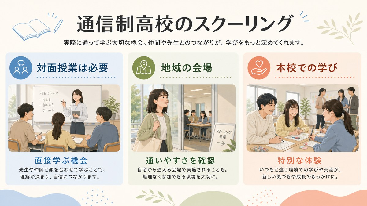 自宅学習から地域会場と本校での対面スクーリングへ参加する流れの図