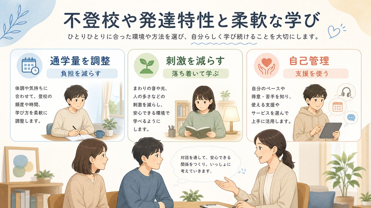 通学量を調整できる自由さと自己管理・支援の必要性を示す図