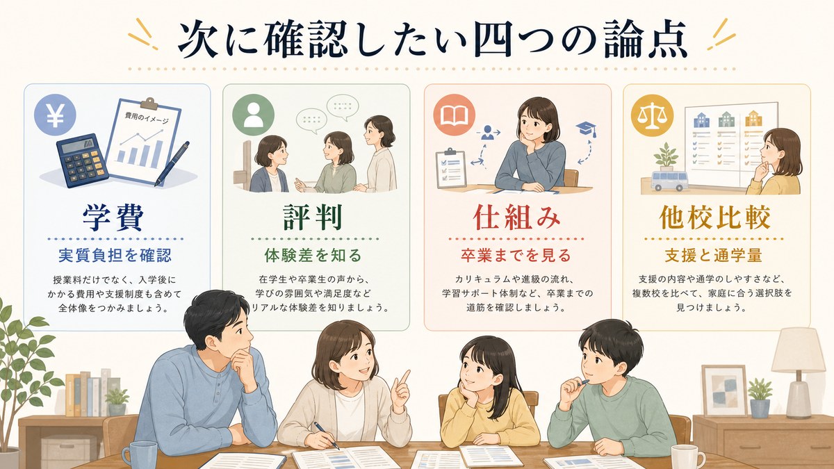 学費・評判・通信制の仕組み・他校比較の4論点を確認する図