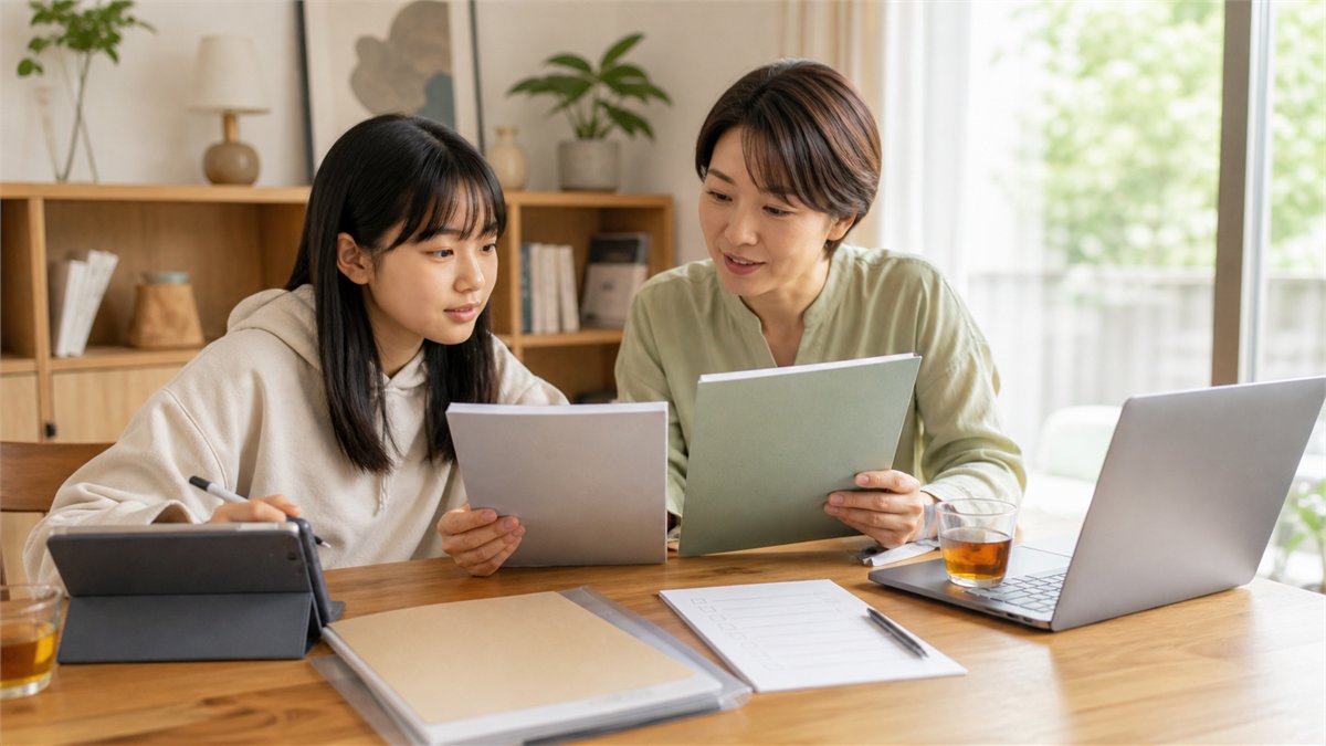 学費と評判を次の確認項目として自宅で整理する高校生と保護者