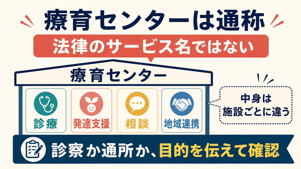 療育センターが地域ごとに異なる施設の通称であることを示す図解