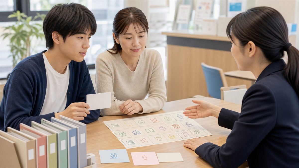 自治体窓口で等級と使える支援を照合し本人が選択する家族
