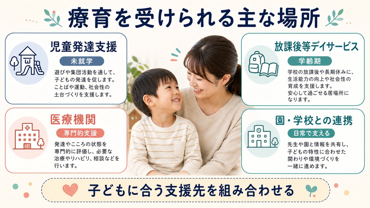 児童発達支援・放課後等デイ・医療・民間の四つの支援場所