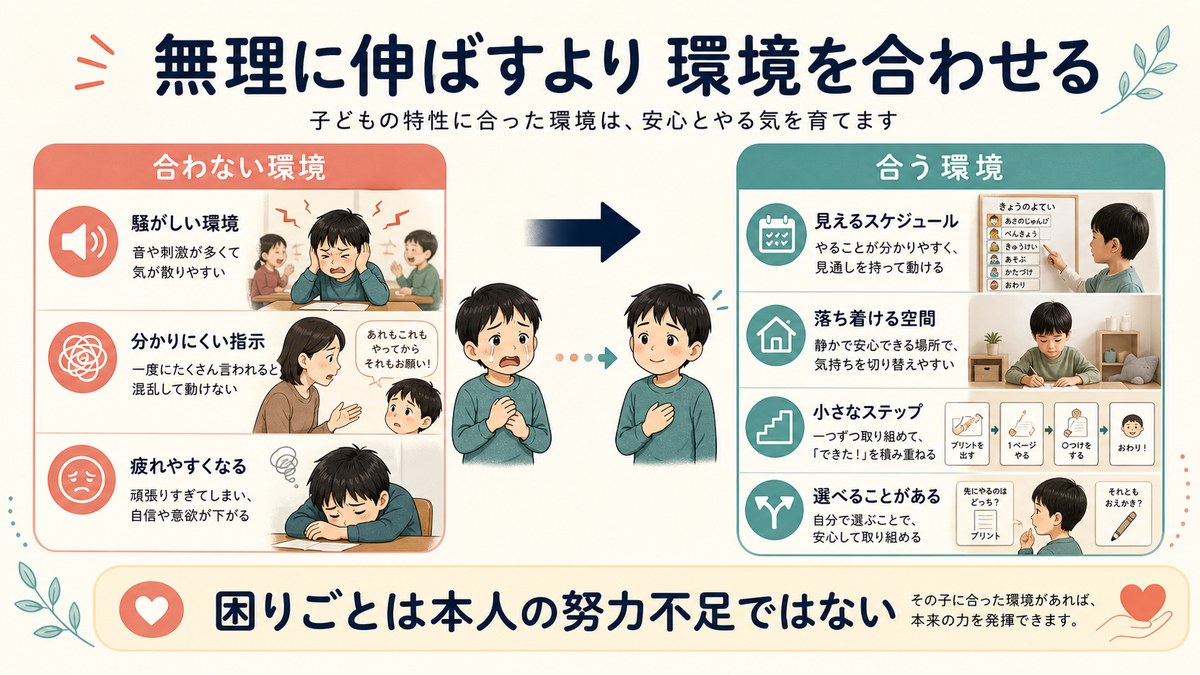 子どもを変えるのではなく課題・環境・関わり方を調整する支援