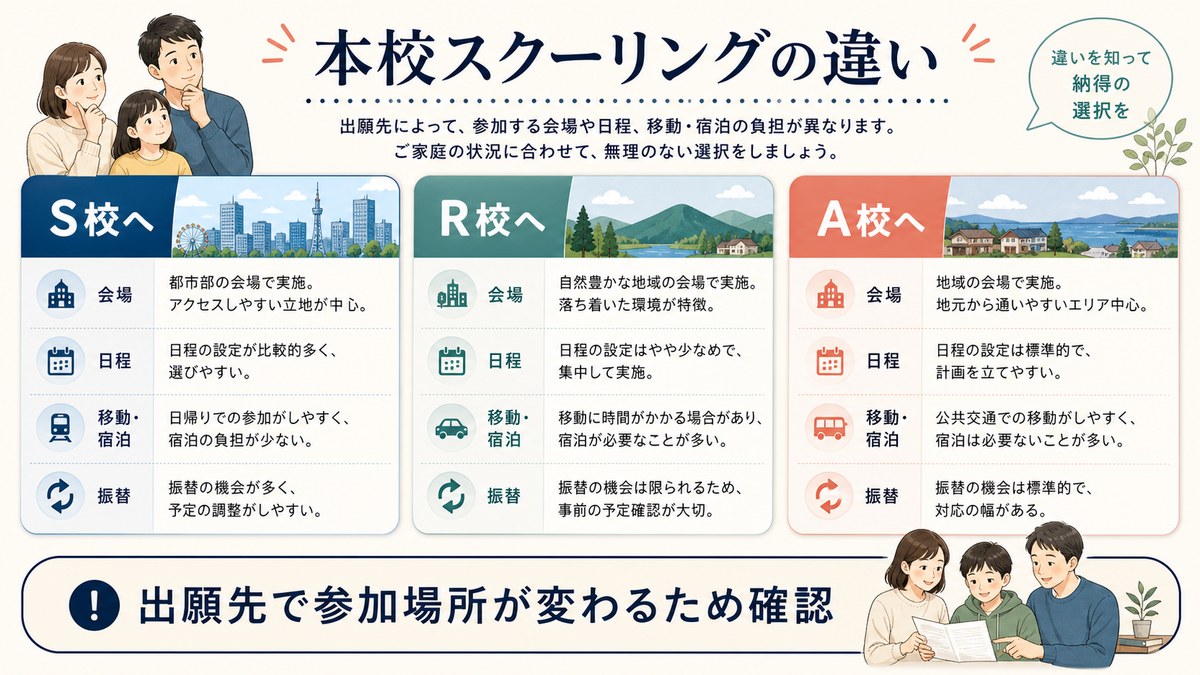本校の場所と移動負担を地図で比べる日本人親子