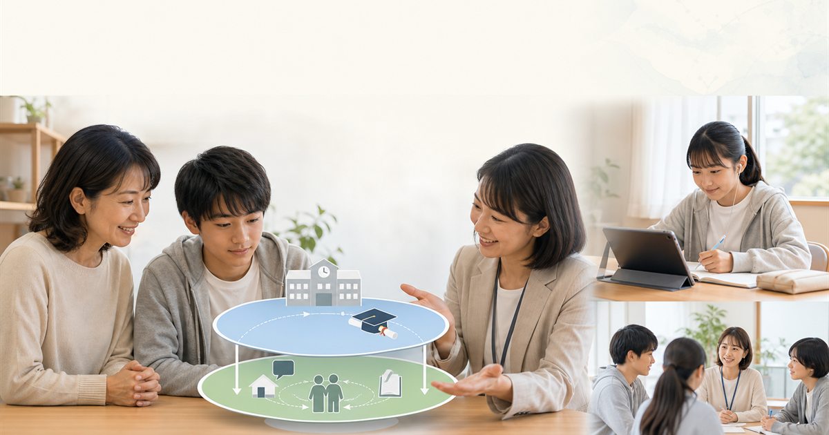 高校とサポート校の二層構造を確認する日本人親子