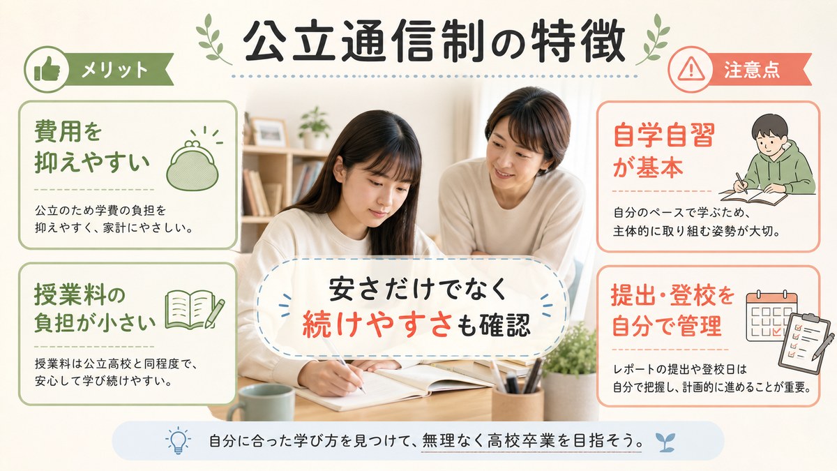 公立通信制の簡素な費用構成と自学中心の学習を確認する親子
