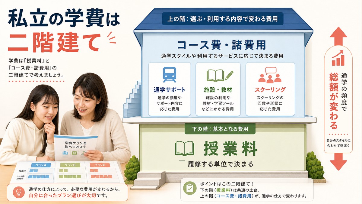 自宅中心・選択通学・頻繁な通学で含まれる支援と費用層が増える図