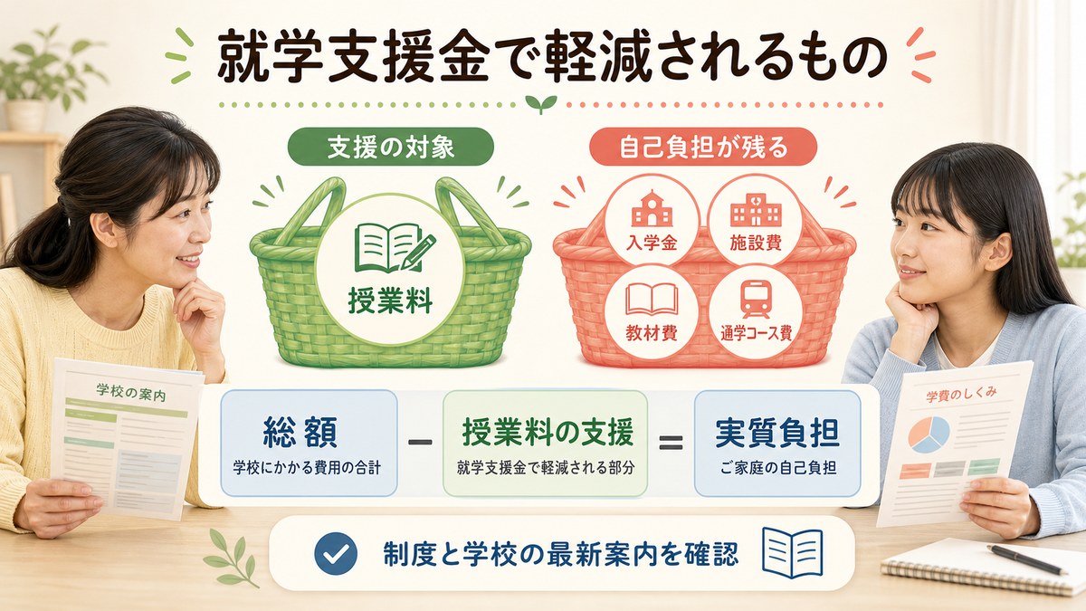 就学支援金が授業料に適用され設備・支援・教材・交通などは残る仕組み