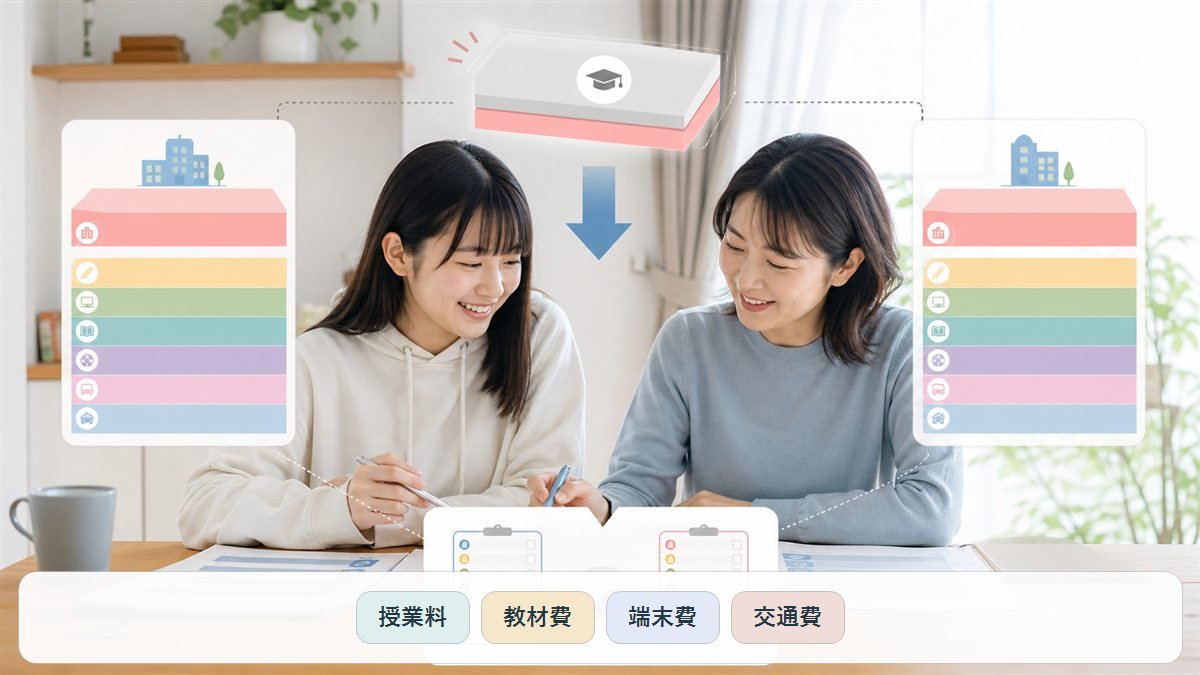 授業料支援後に残る費用を二校同じ項目で比較する高校生と保護者