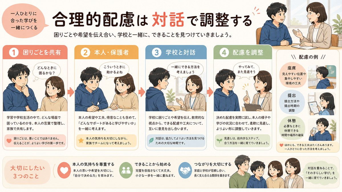 本人・保護者・学校が合理的配慮の内容を対話で決める場面
