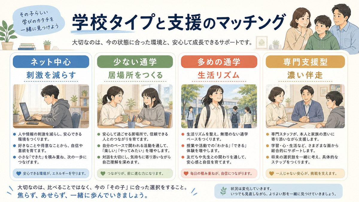 ネット型・少人数伴走型・実技型・自学型を支援ニーズで比較する図