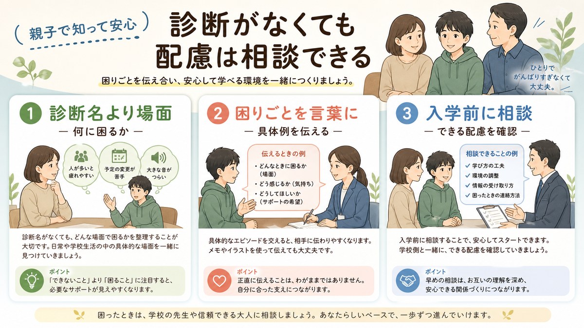 診断名ではなく具体的な困りごとと調整方法を学校へ伝える生徒