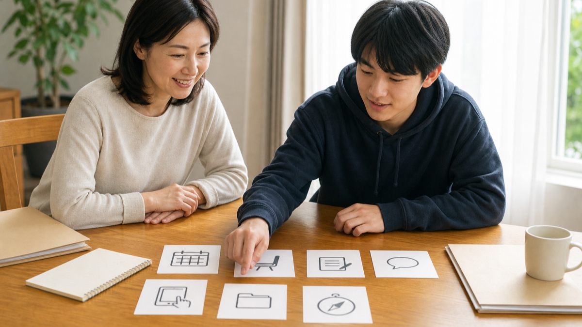 複数校の支援内容を質問カードで比較する高校生と保護者