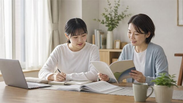 通信制高校について自宅で資料を見ながら話し合う高校生と保護者