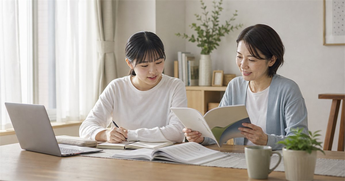 通信制高校について自宅で資料を見ながら話し合う高校生と保護者