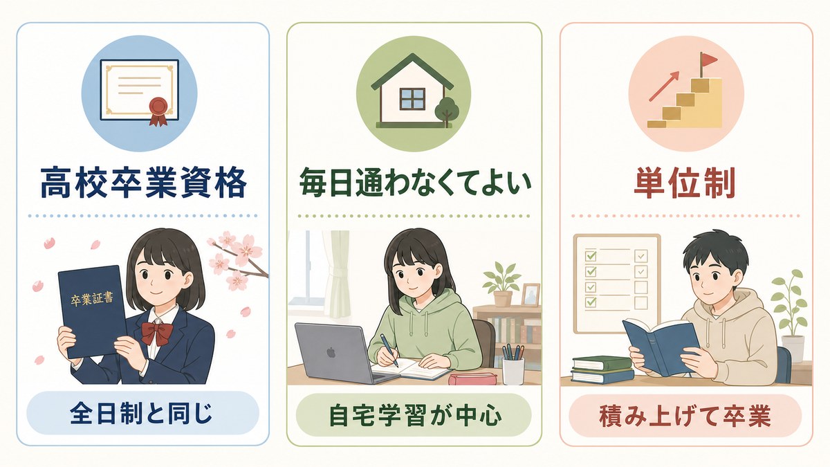 通信制高校の高卒資格・自宅学習・単位制の3つの基本を示す図