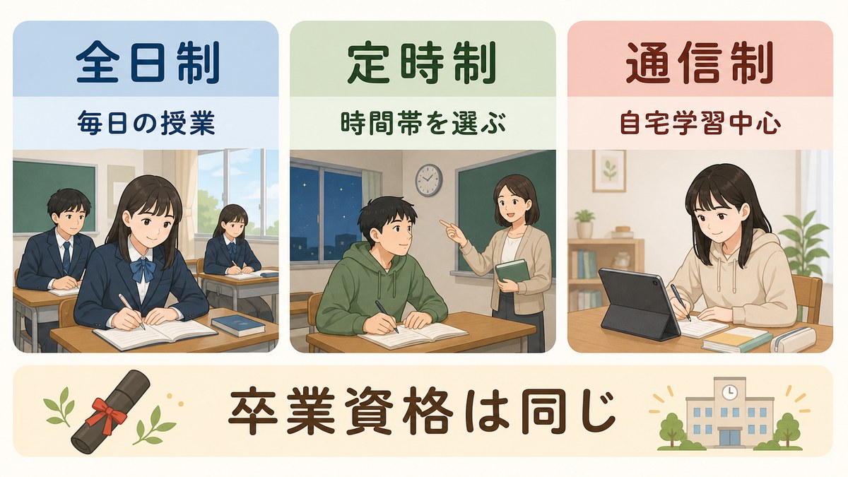 全日制・定時制・通信制の異なる学び方が同じ高卒資格につながる比較図