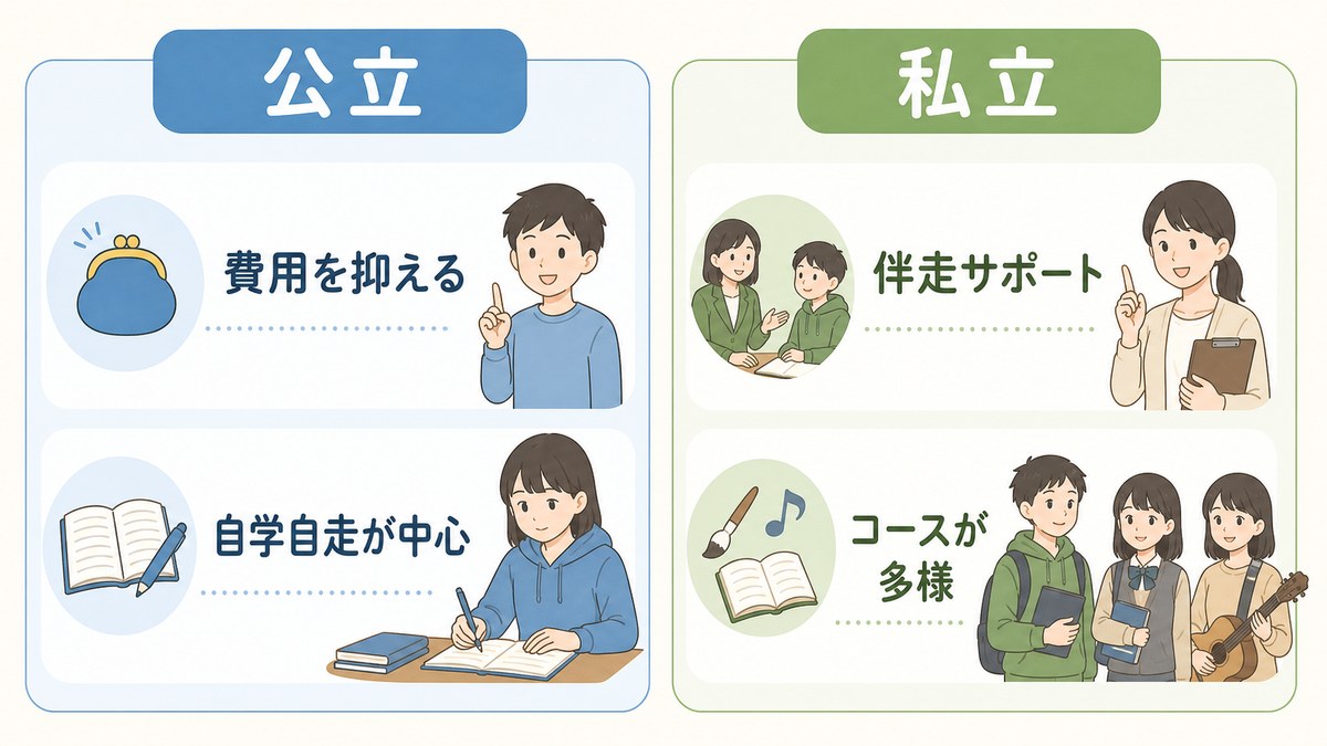 公立通信制の自学中心と私立通信制の支援中心を比較する図