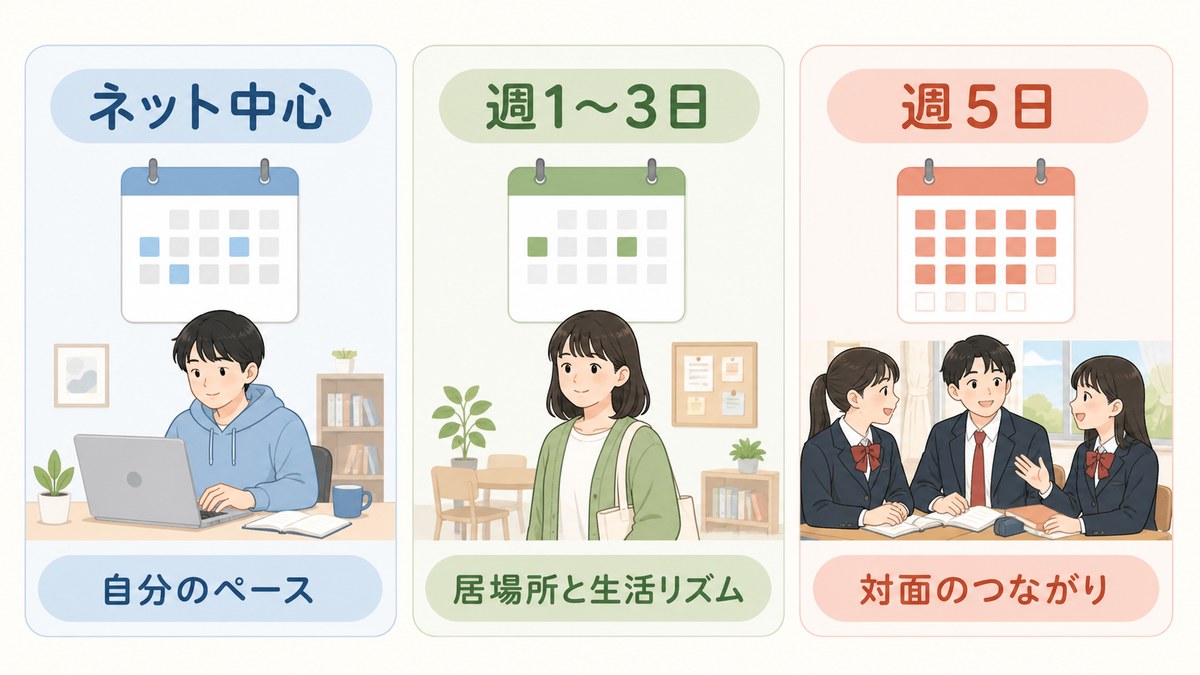 ネット中心・週数日通学・通学中心の1週間の学習スタイルを示す図