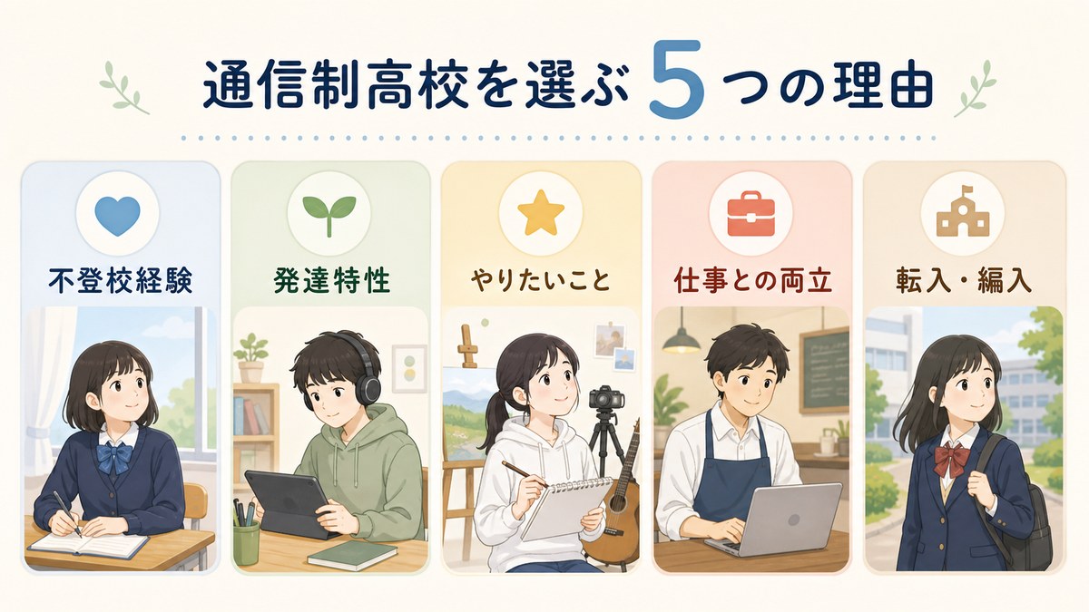 不登校経験や発達特性、活動との両立など通信制高校を選ぶ多様な学習者の図