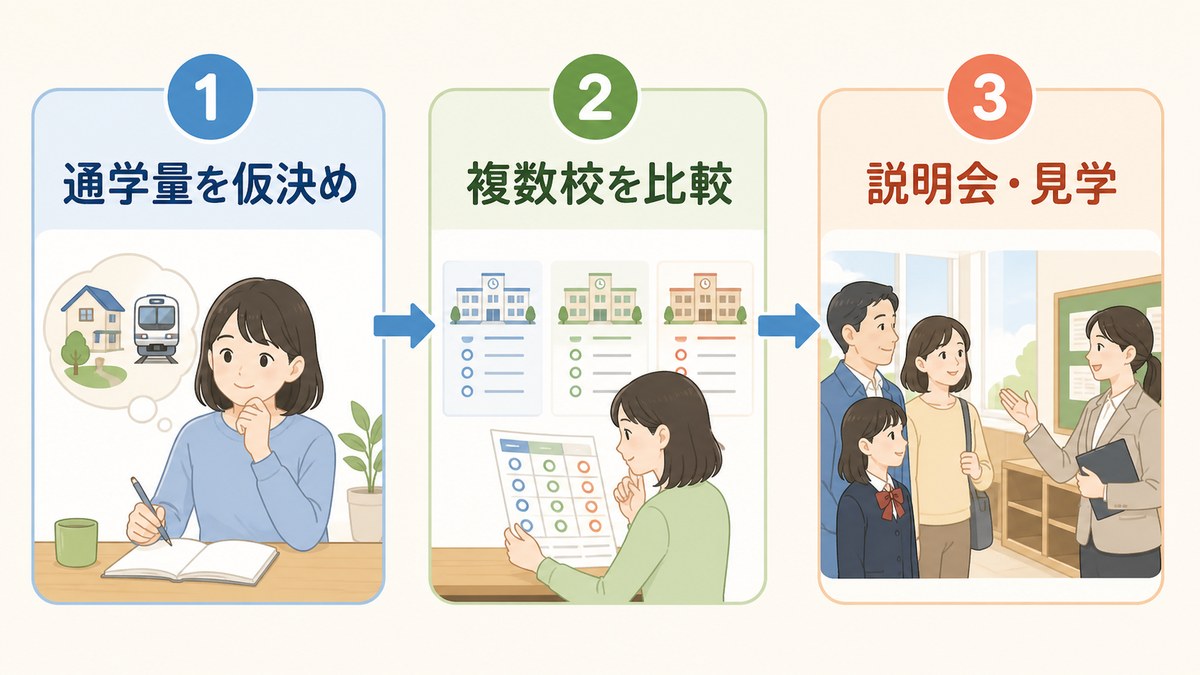 通学スタイル決定・複数校比較・学校見学の3ステップを示す図