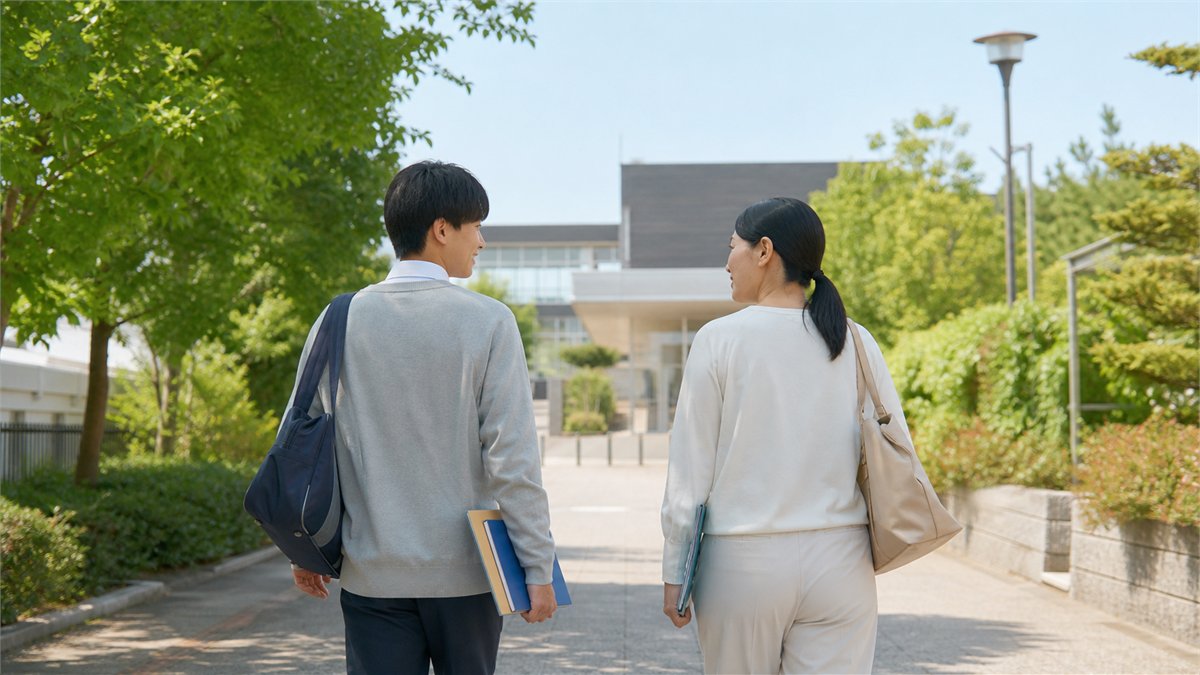 複数校の資料を持ち自分に合う進路へ歩き出す高校生と保護者