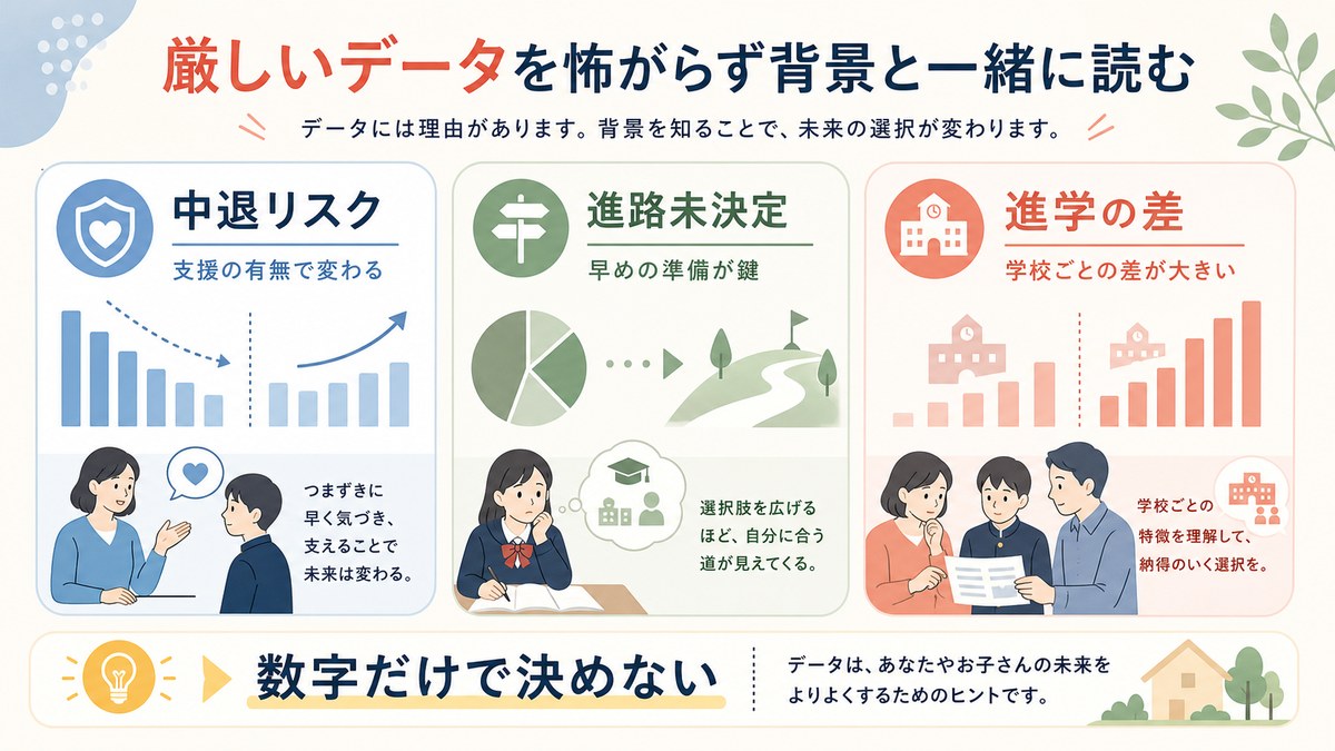 通信制高校の中退・進路・進学データを数値なしの比較図で確認する親子