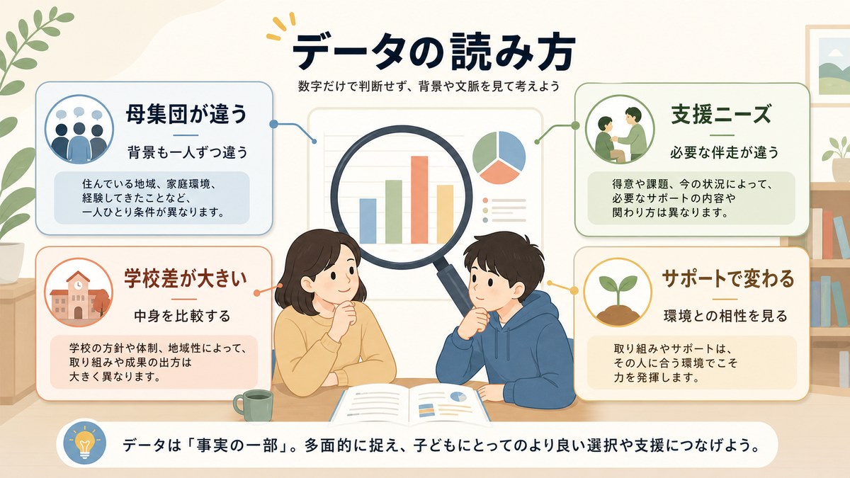 異なる出発点と支援環境を踏まえて通信制高校のデータを読み解く図