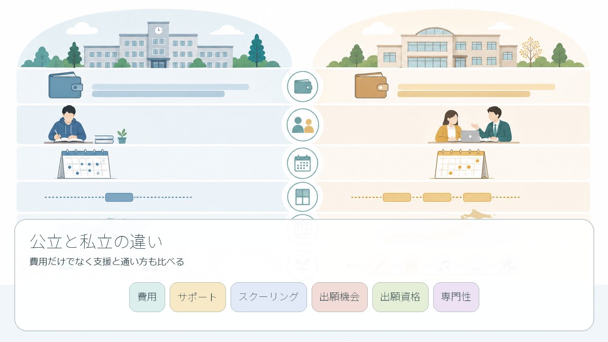 公立と私立の通信制高校を6つの軸で比較する図