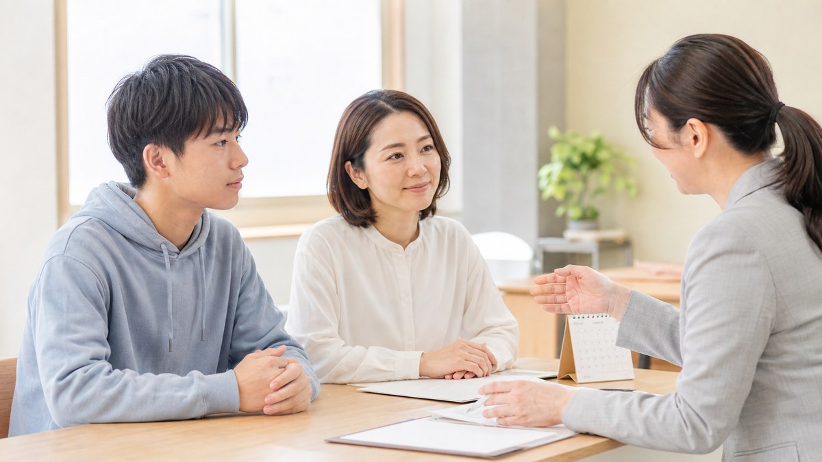 公立通信制高校の制度を相談する日本人の親子