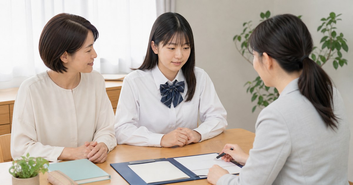 通信制高校の入試準備を進める日本人の中学生と保護者