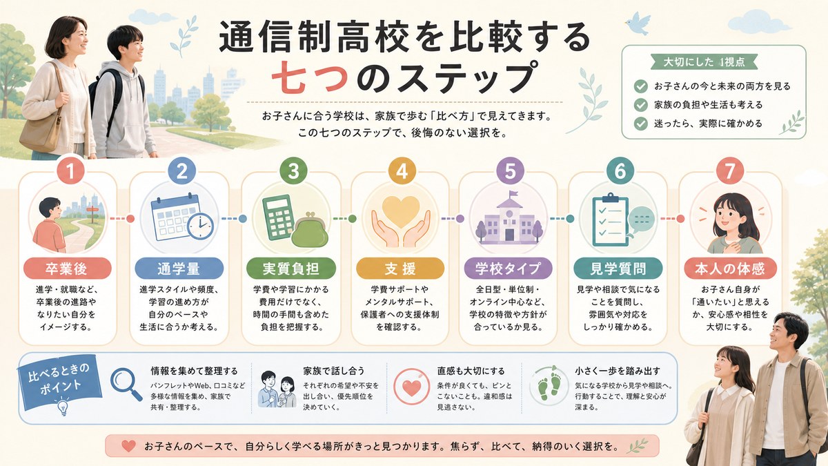 卒業後の仮説から本人の体感と変更余地まで通信制高校を比較する7段階の流れ