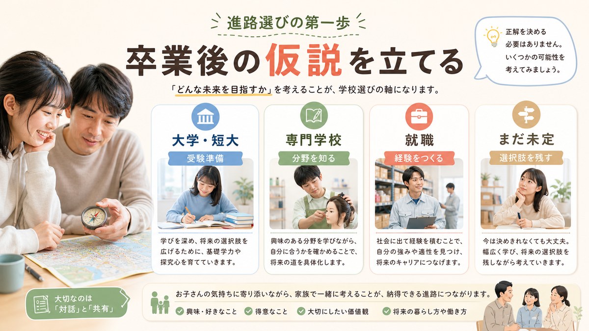 大学進学・就職技能・生活の立て直し・やりたいことから卒業後の仮説を考える親子