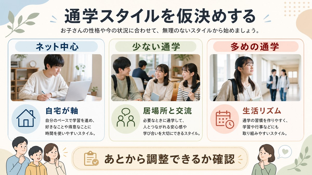 自宅中心・週数日・頻繁な通学の3スタイルを本人の状態に合わせて検討する図