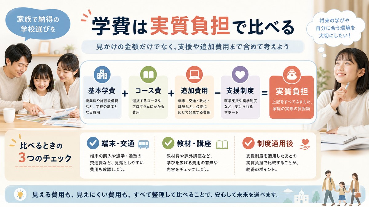 基本学費・追加費用・端末交通費から支援を差し引き実質負担を比較する図