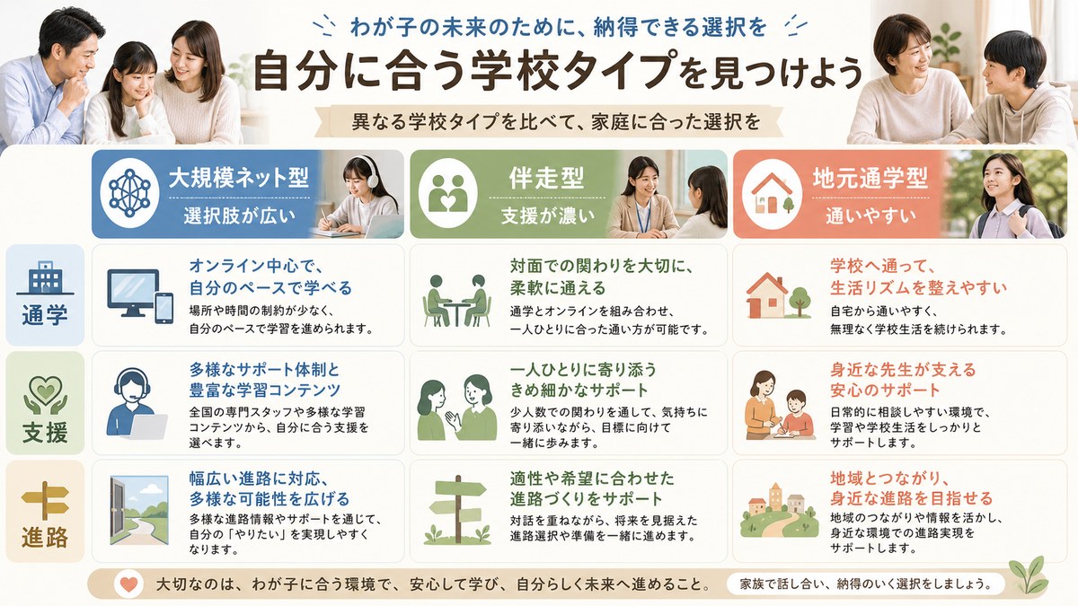 大規模ネット型・伴走型・地元通学型の資料を同じ項目で比較する親子