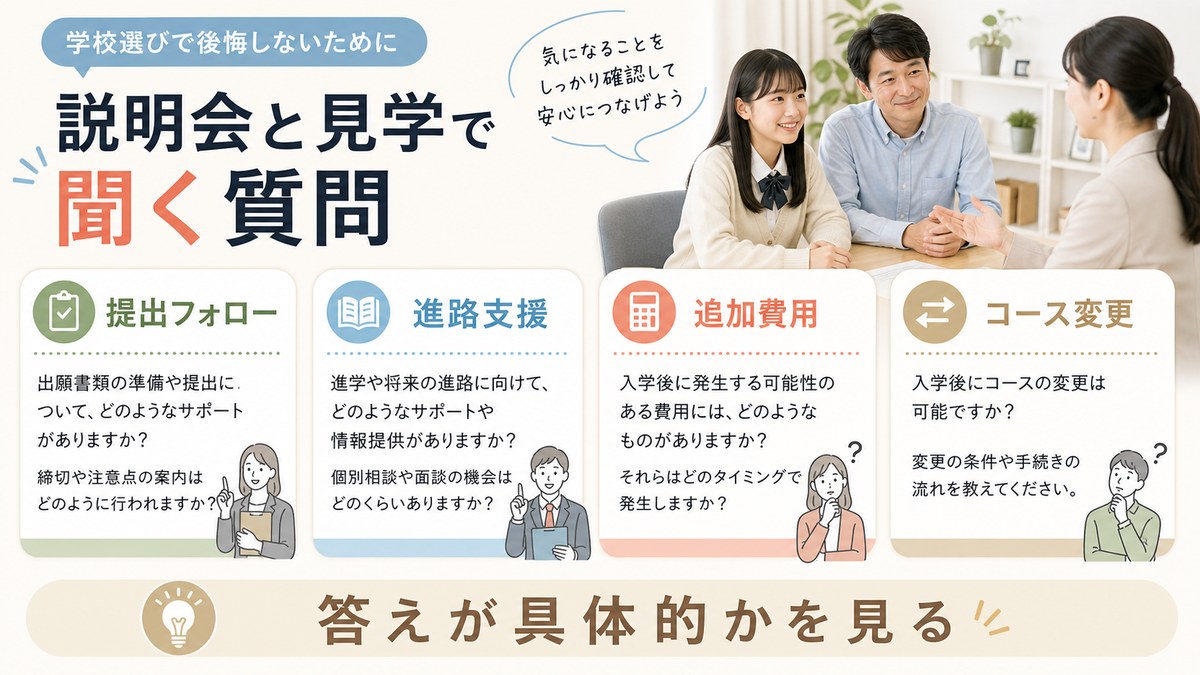 保護者相談・オンライン説明会・本人同行見学で質問項目を確認する流れ