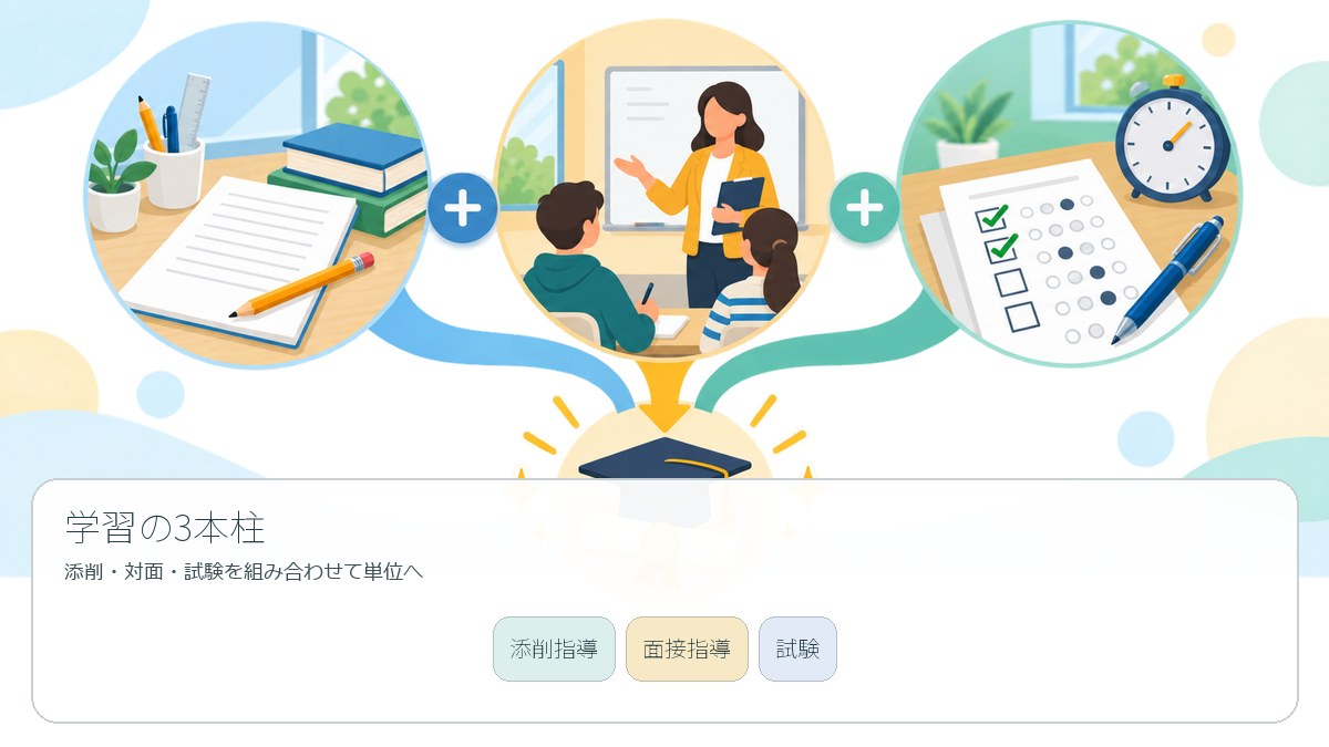通信制高校の学習を支える添削指導・面接指導・試験の3本柱