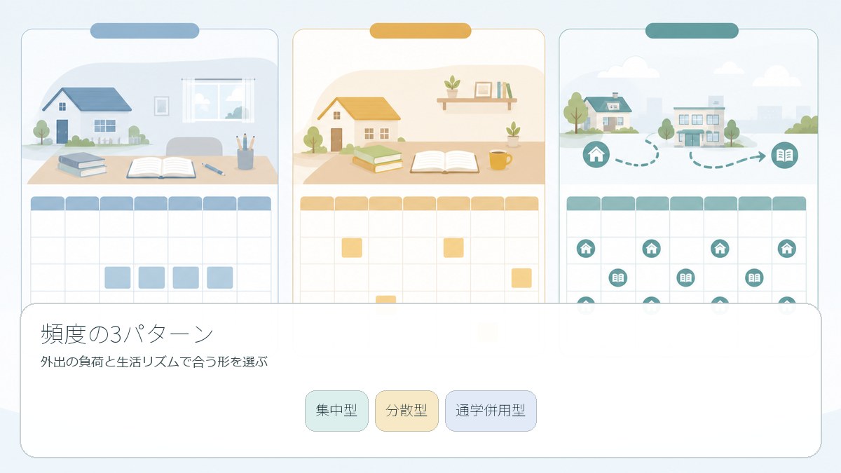 スクーリングの集中型・分散型・通学併用型を比べる図